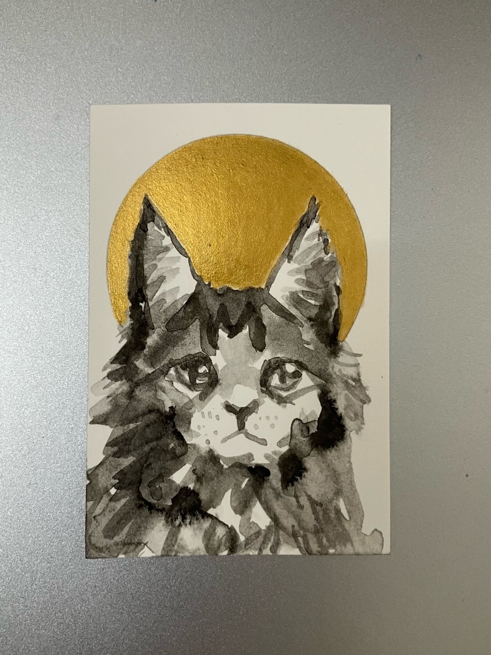 ORIGINAL cat main coon painting kitten art miniature realism artwork sumi-e